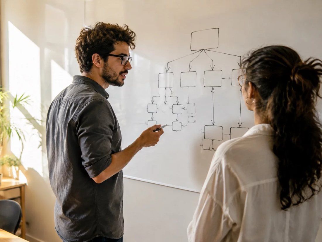 Duas pessoas diante de um quadro branco com o mapa de um argumento desenhado à mão